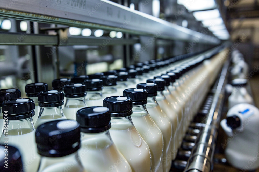 Obraz premium There are many bottles filled with milk in the dairy industry.