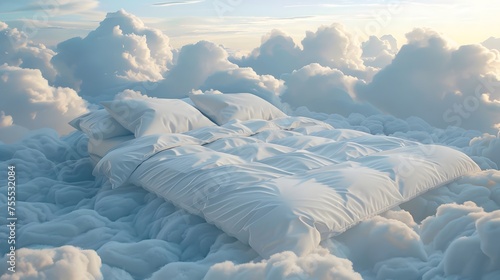 Comfortable White bedding Mattress and Pillows duvet cover ısolated on large white clouds on soft sky background. overlay. good sleep concept.