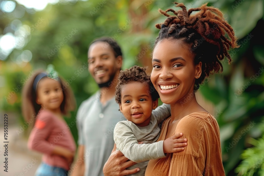 Smiling young mother holding her toddler with the father and sibling out of focus in the background Smiling young mother holding her toddler with the father and sibling out of focus in the background