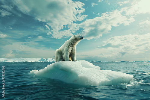 polar bear sitting on small ice floe in the Arctic Ocean, blue sky and white clouds overhead, climate change