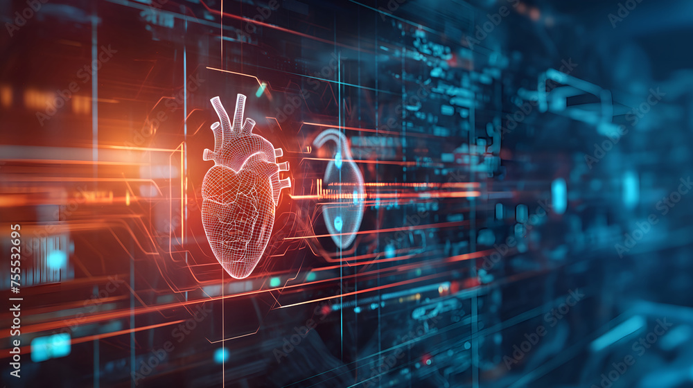 Symbiosis of Life and Technology: Futuristic Healthcare Analytics Synchronized with Heartbeats - obrazy, fototapety, plakaty 