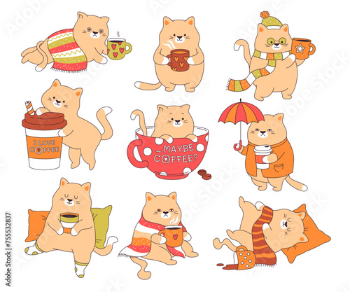 Cute funny cats characters with coffee mugs, kitten drinking aroma drink, sitting in cup set © Mykola Syvak