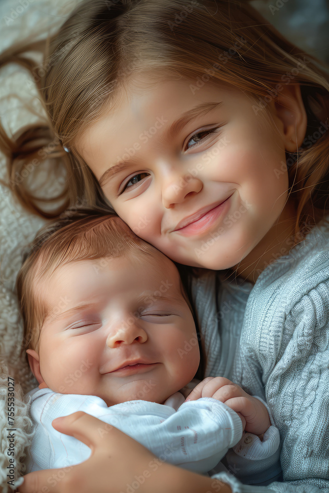 Tender Sibling Embrace. Child girl smiling and cuddles her newborn brother or sister sibling with love. Family moment portrait. Tender Sibling Embrace. Child girl smiling and cuddles her newborn brother or sister sibling with love. Family moment portrait.