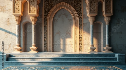 Fototapeta Naklejka Na Ścianę i Meble -  Sunlight bathes a tranquil corner featuring a Arabic arch with podium and elaborate arabesque patterns, reflecting the artistry of Islamic design.