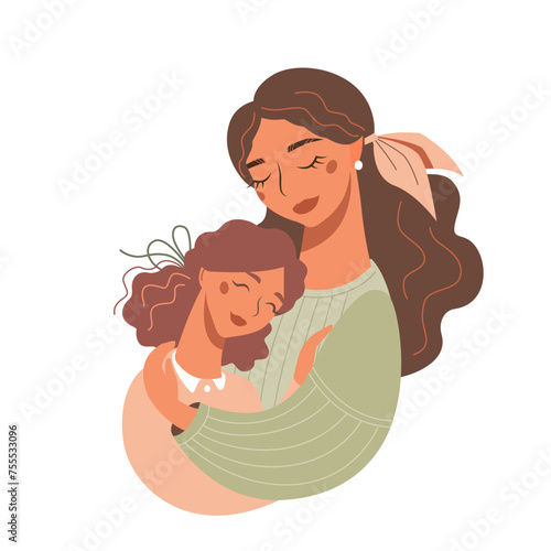 Nice young woman hugs her daughter. Beautiful mother ang teenager girl isolated on a white background. Friendly family. vector portrait of cute people.