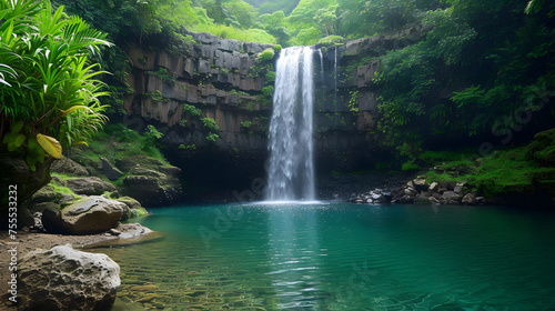 secluded waterfall surrounded by lush vegetation background