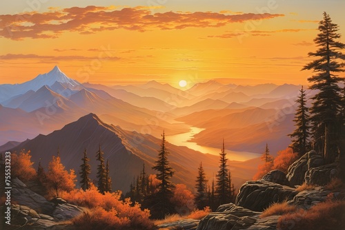 Majestic Sunset Over Layered Mountain Landscape