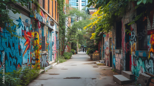 quiet alleyway with unique street art background