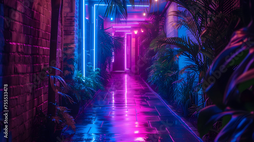 neon-lit alleyway creating an urban oasis background photo