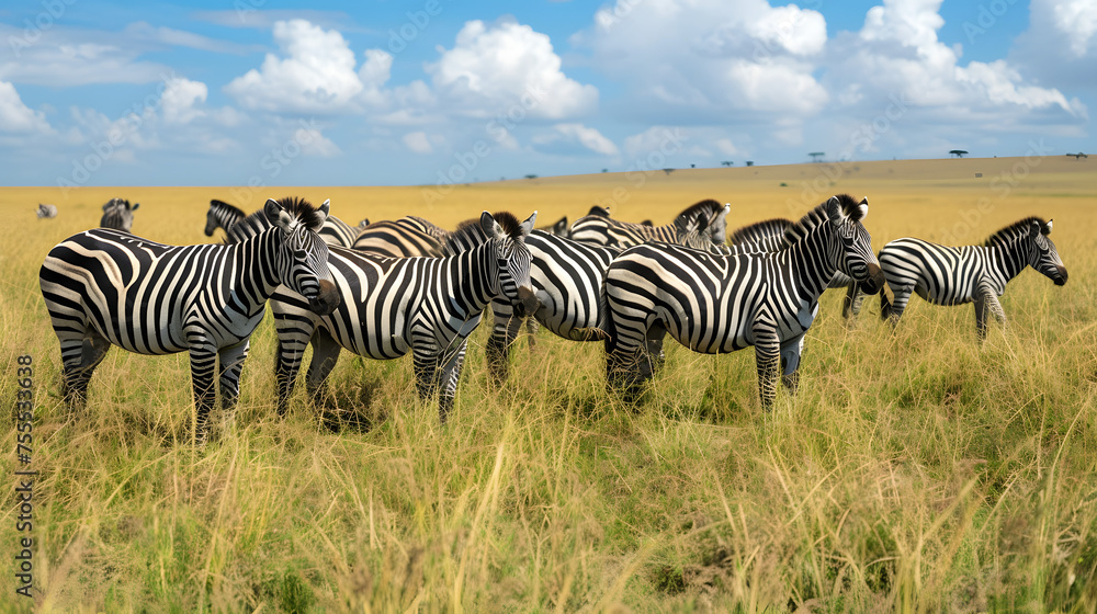 Obraz premium group of zebras grazing on the savannah background
