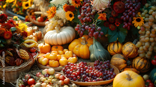 harvest feast with various crops on display background
