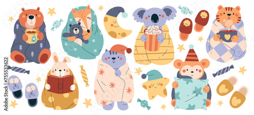 Cute wild and domestic animals characters wrapped in warm cozy blankets and plaid isolated set