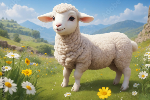 Cute cartoon character  lamb enjoying springtime flowers