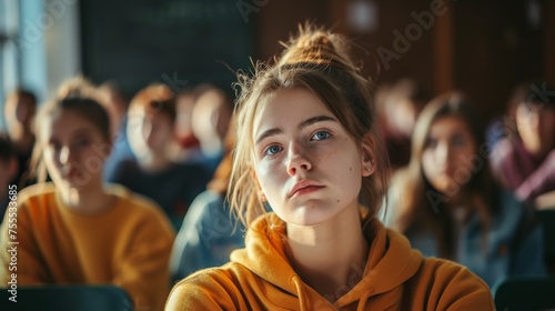 A young female student lost in thought, sitting in a classroom setting with her peers blurred in the background, reflecting a moment of introspection. concept of bullying among teenagers