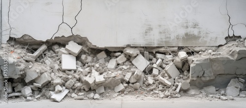 A black and white photograph of a pile of rubble, showcasing the aftermath of a damaged wall. Debris is scattered haphazardly, illustrating the potential risks to the structures safety and stability.
