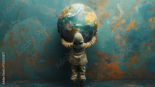 Child facing a wall, carrying a large globe, depicting the burden of responsibility