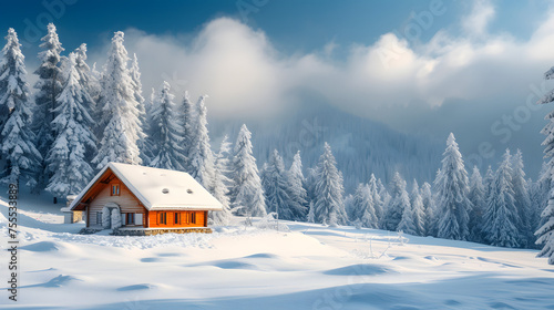 snowy landscape with a cozy cabin background
