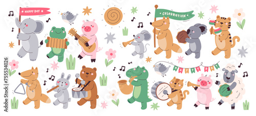 Fototapeta Naklejka Na Ścianę i Meble -  Cute funny animals marching parade music festival celebration playing musical instrument set
