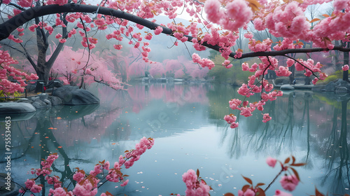 serene pond with cherry blossoms reflecting on the water background