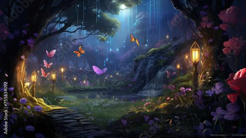 A magical garden with glowing butterflies 