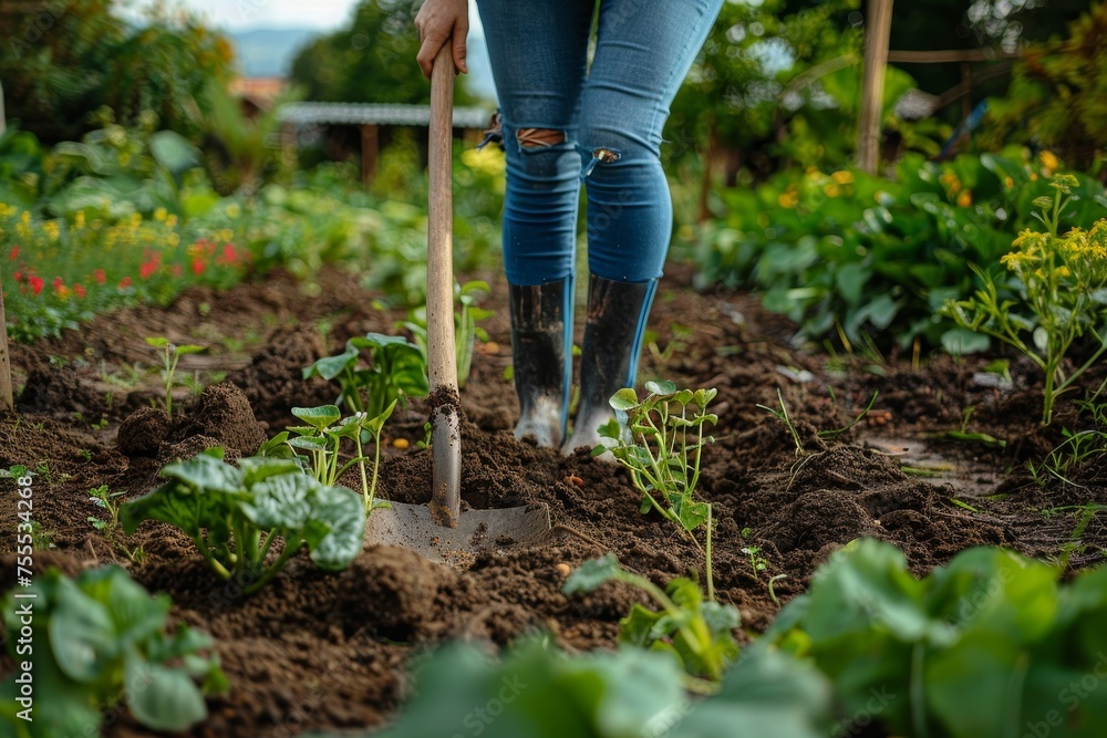 A close look at the hands planting seedlings with a spade in the fertile ground of a blooming organic garden A close look at the hands planting seedlings with a spade in the fertile ground of a blooming organic garden