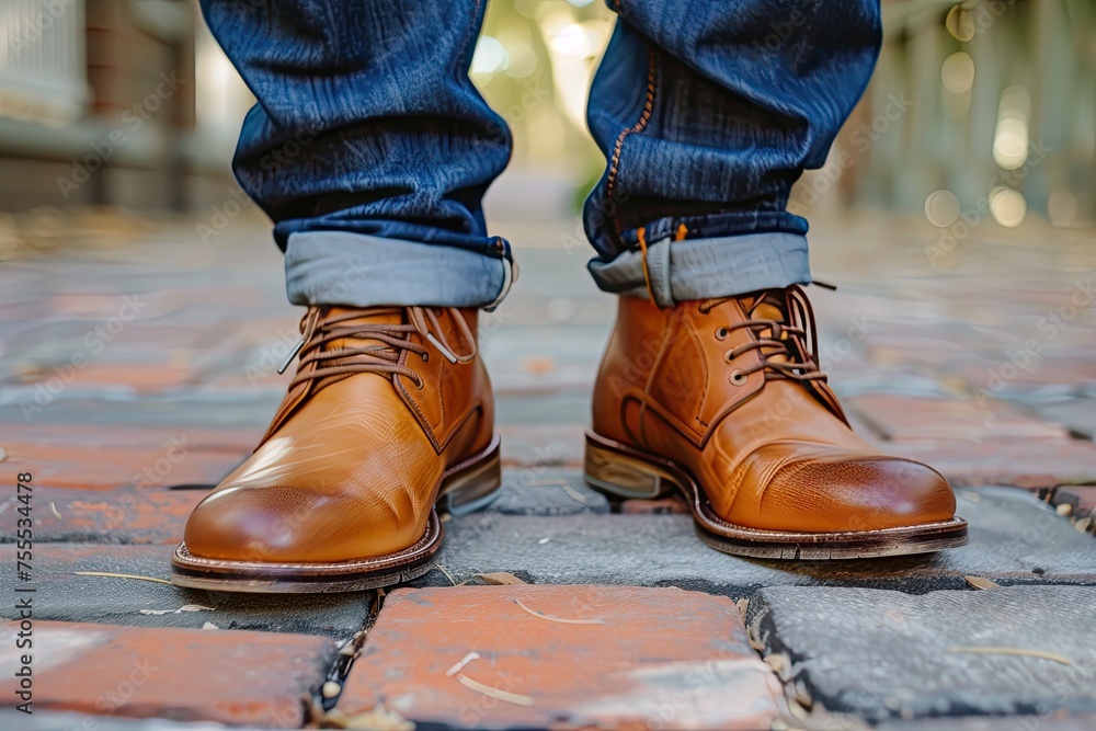 A man is wearing brown shoes and blue jeans A man is wearing brown shoes and blue jeans