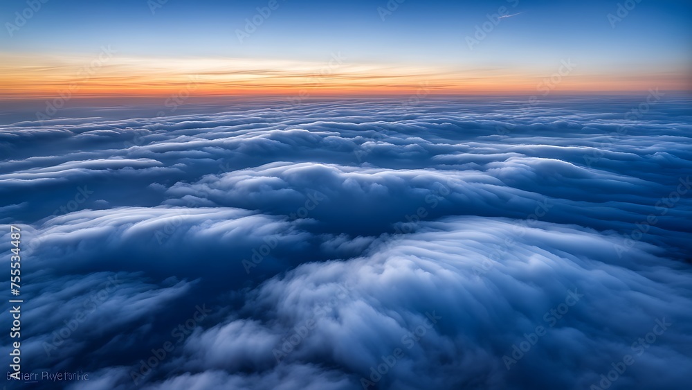 Fototapeta premium Ethereal view of soft, rolling clouds under a tranquil gradient sky at twilight, evoking a dreamlike vastness.