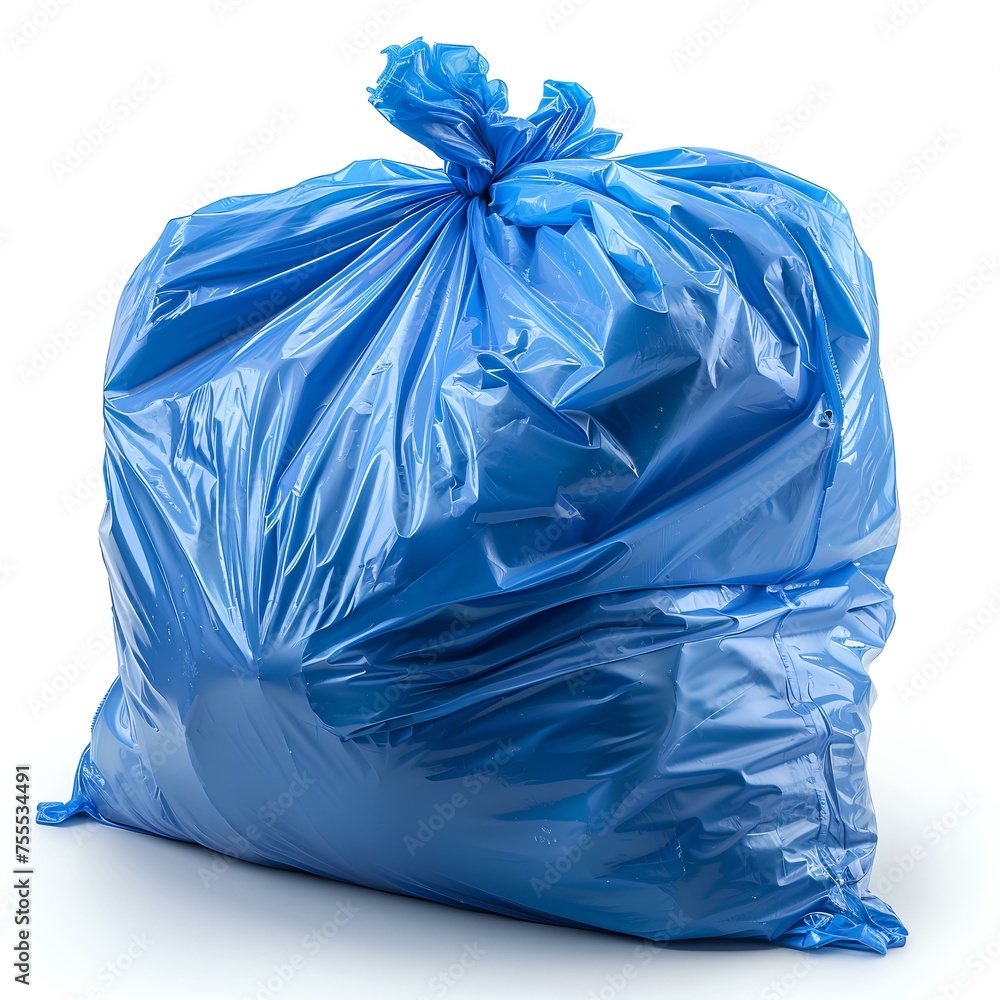 Blue plastic trash bag isolated on white background with shadow. Blue trash bag isolated. Recyclable garbage bag for waste and garbage Blue plastic trash bag isolated on white background with shadow. Blue trash bag isolated. Recyclable garbage bag for waste and garbage