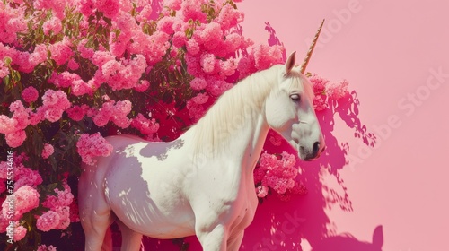 a white unicorn surrounded by lush flowers against a vibrant pink background.