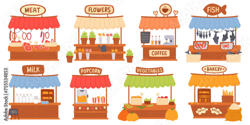 Local street market, booth counter stall, shop under tent isolated set on white background