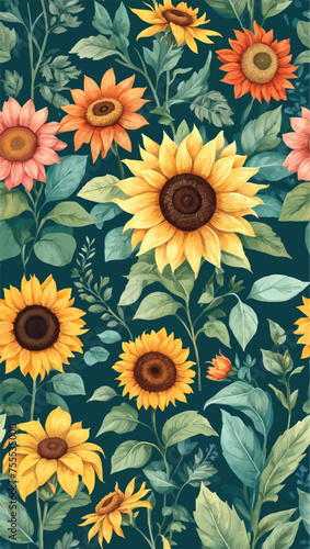 Beautiful seamless vector floral pattern, spring summer background with tropical flowers, palm leaves, jungle leaf,Sunflower flower,  Leaves Blossom, Exotic wallpaper, Hawaiian, watercolour style