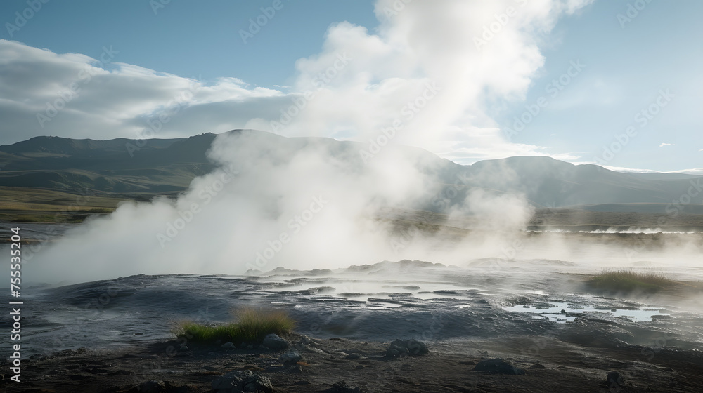 Steam rising from geysers in a geothermal area background