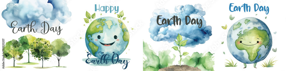 Happy Earth Day watercolor Card about saving the planet, nature and ecology. - obrazy, fototapety, plakaty 