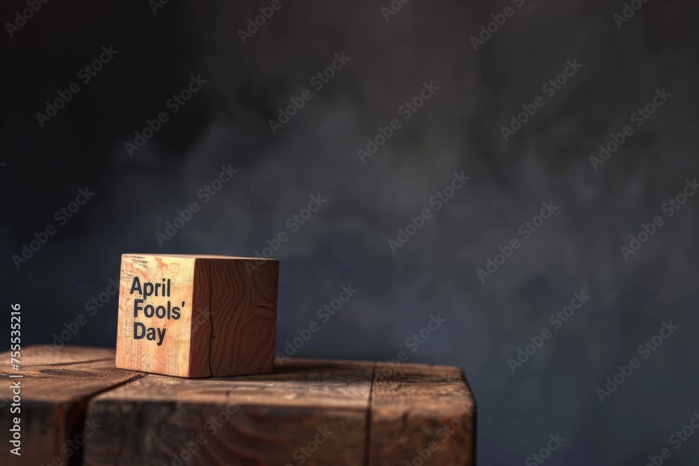 wood pattern cube April Fools' Day with Happy funny dressed person in background wood pattern cube April Fools' Day with Happy funny dressed person in background