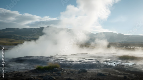 Steam rising from geysers in a geothermal area background © SS Digital