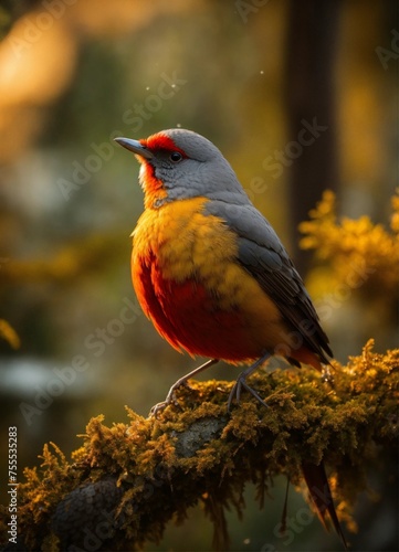 Medium shot, Gray and red feathers on a bird, in the style of yellow and orange, water drob, moody lighting, best quality, full body portrait, real picture, intricate details, depth of field, in a for photo