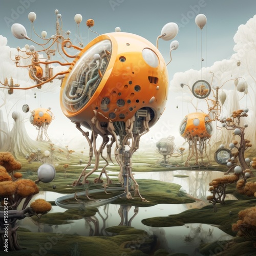 Art piece that combines robot parts and microbiology imagery in a surreal landscape