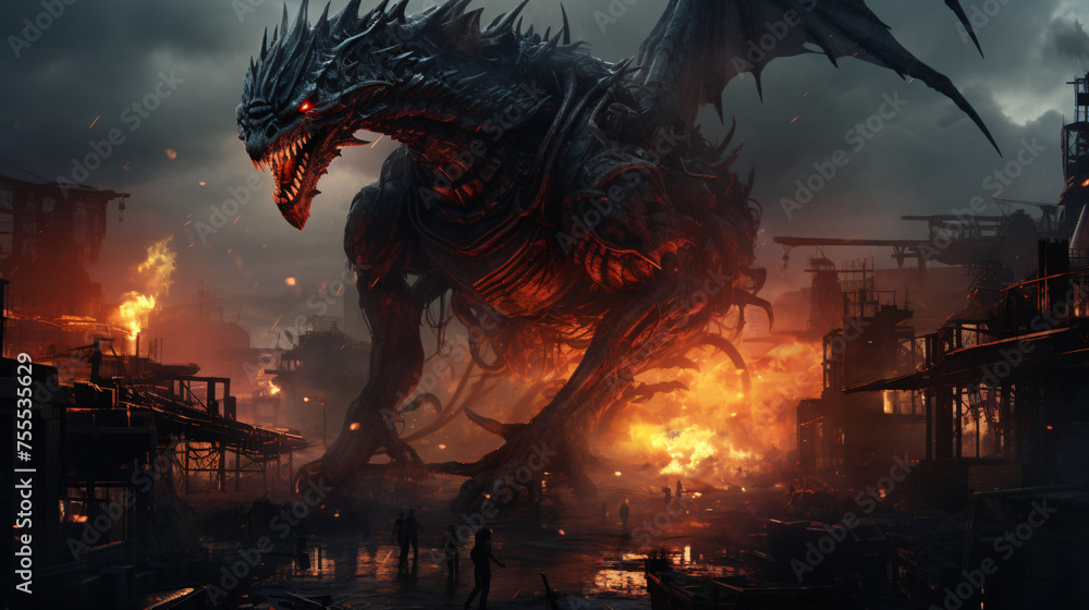 A mechanical dragon in a dystopian city with smoke 