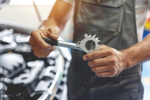 mechanic hands using a wrench to service a car engine, focused on maintenance work in a garage
