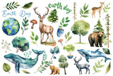 Happy Earth Day watercolor illustrations about saving the planet, nature and ecology.