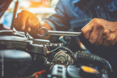 mechanic hands using a wrench to service a car engine, focused on maintenance work in a garage