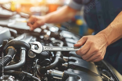 mechanic hands using a wrench to service a car engine, focused on maintenance work in a garage