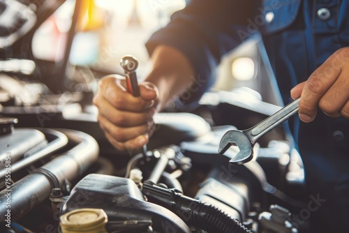 mechanic hands using a wrench to service a car engine, focused on maintenance work in a garage photo