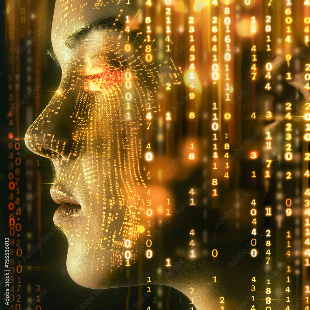 Human face transmuting into pure gold as it blends with a backdrop of Matrix data codes