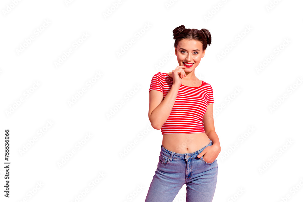 Portrait of her she nice-looking cute charming attractive lovely winsome sweet fascinating cheerful content girl wearing striped t-shirt jeans isolated on pink pastel background - obrazy, fototapety, plakaty 