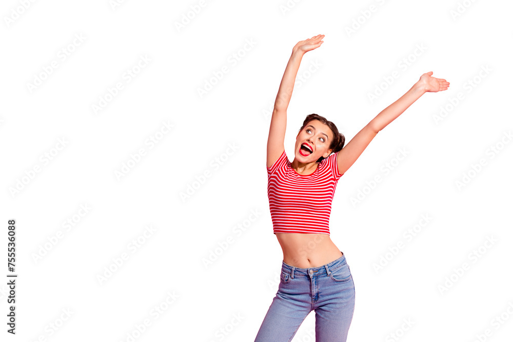 Portrait of her she nice cute charming attractive lovely sweet winsome crazy careless cheerful girl in striped t-shirt raising hands up summer isolated on pink pastel background Portrait of her she nice cute charming attractive lovely sweet winsome crazy careless cheerful girl in striped t-shirt raising hands up summer isolated on pink pastel background