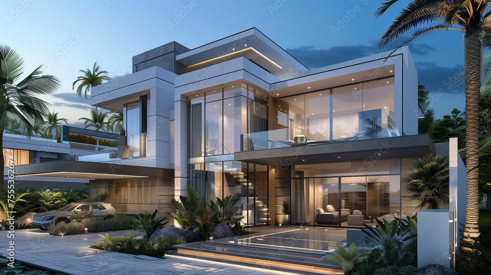 Fototapeta premium Stylish 3D Render of a Modern Villa with Scenic Views