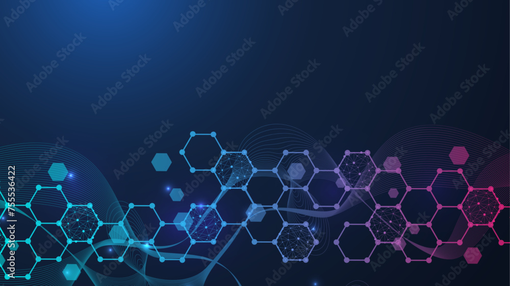 Modern science background with lines, dots and hexagons. Wave flow abstract background. Molecular structure for medical, technology, chemistry, science. Vector illustration Modern science background with lines, dots and hexagons. Wave flow abstract background. Molecular structure for medical, technology, chemistry, science. Vector illustration