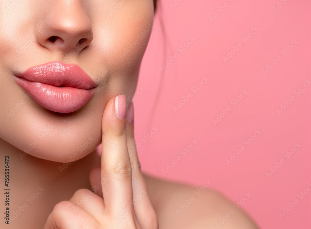 Obraz premium Close up view of young beautiful caucasian woman face over pink background. Lips contouring, SPA therapy, skincare, cosmetology and plastic surgery concept