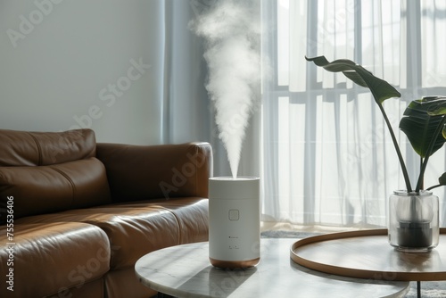 Contemporary humidifier placed within a minimalist living space, elevating the comfort of the home environment